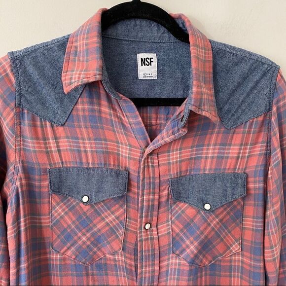 NSF Plaid Two Tone Pearl Button Down Shirt - Picture 3 of 9